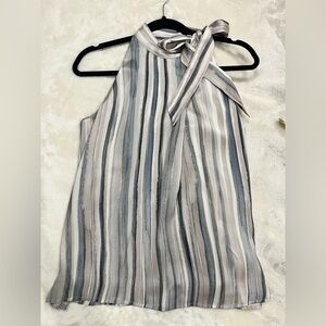 Ecru Striped Halter Silk Blouse with Bow - multicolor